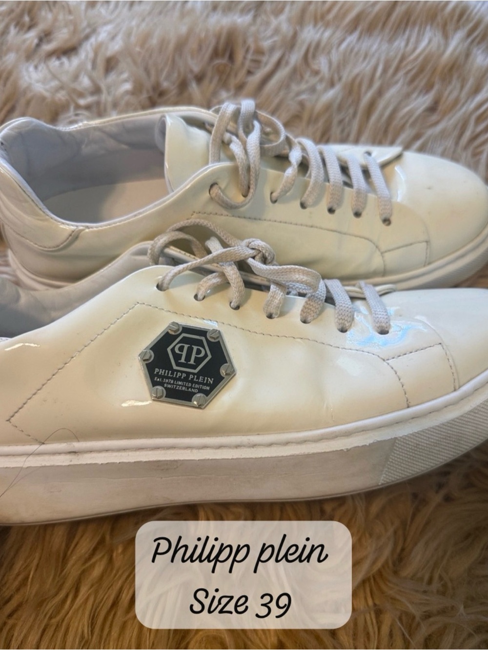 Philipp Plein Cream Patent Leather Platform Sneakers with Hex Logo